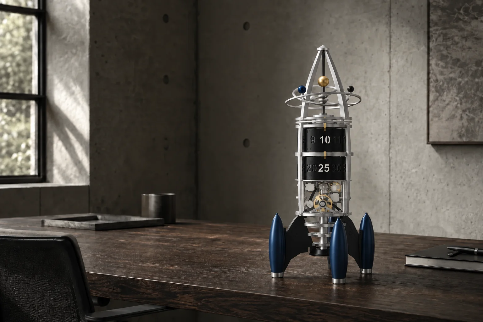 LAUNCH 001 on a dark timber desk in a sunlit concrete studio, an aspirational finish and interior study