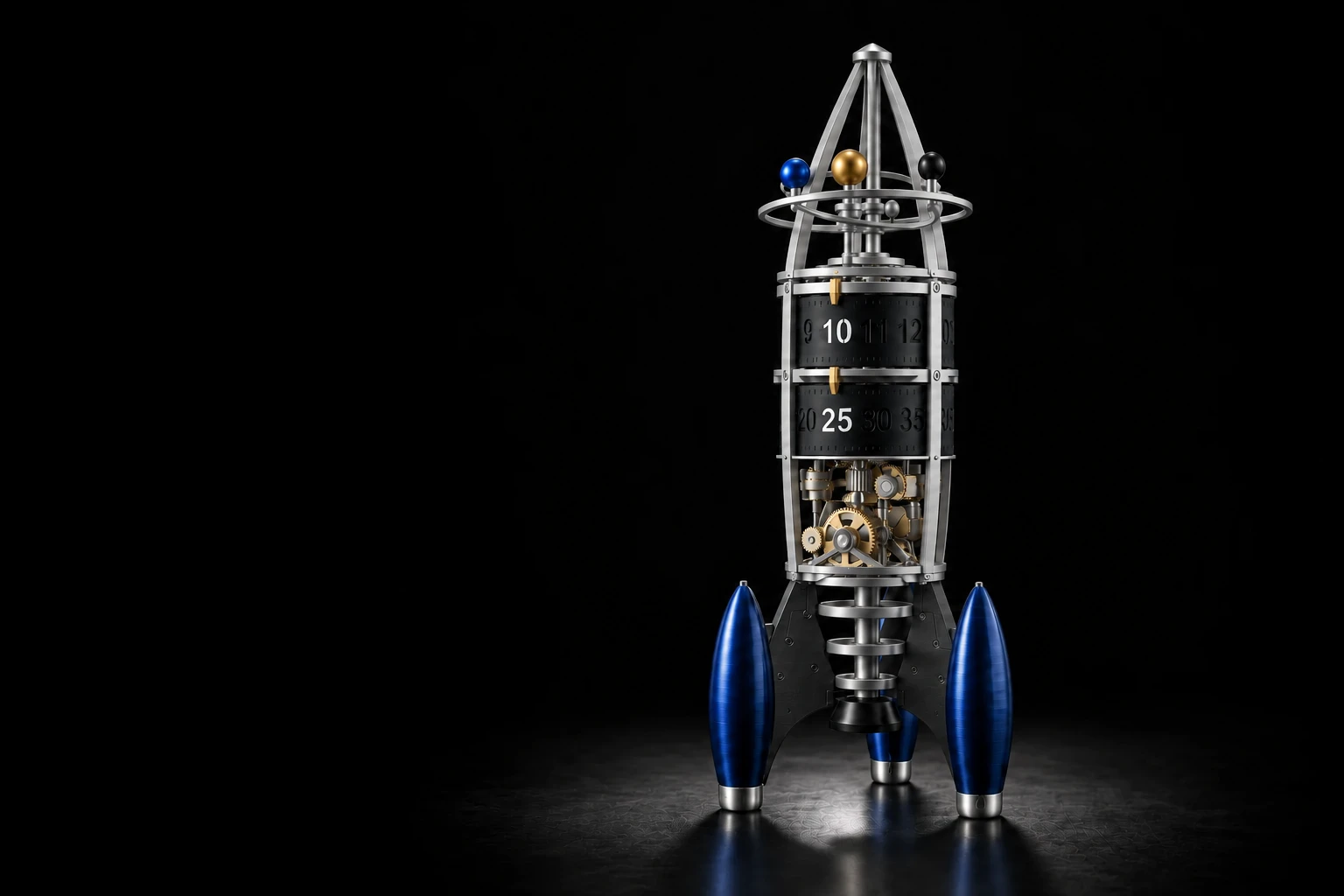 Finish visualization based on the current LAUNCH 001 print assembly: slender silver frame, dark 10:25 time drums, exposed gold gears, charcoal fins and deep-blue booster pods with silver feet, gently facing left