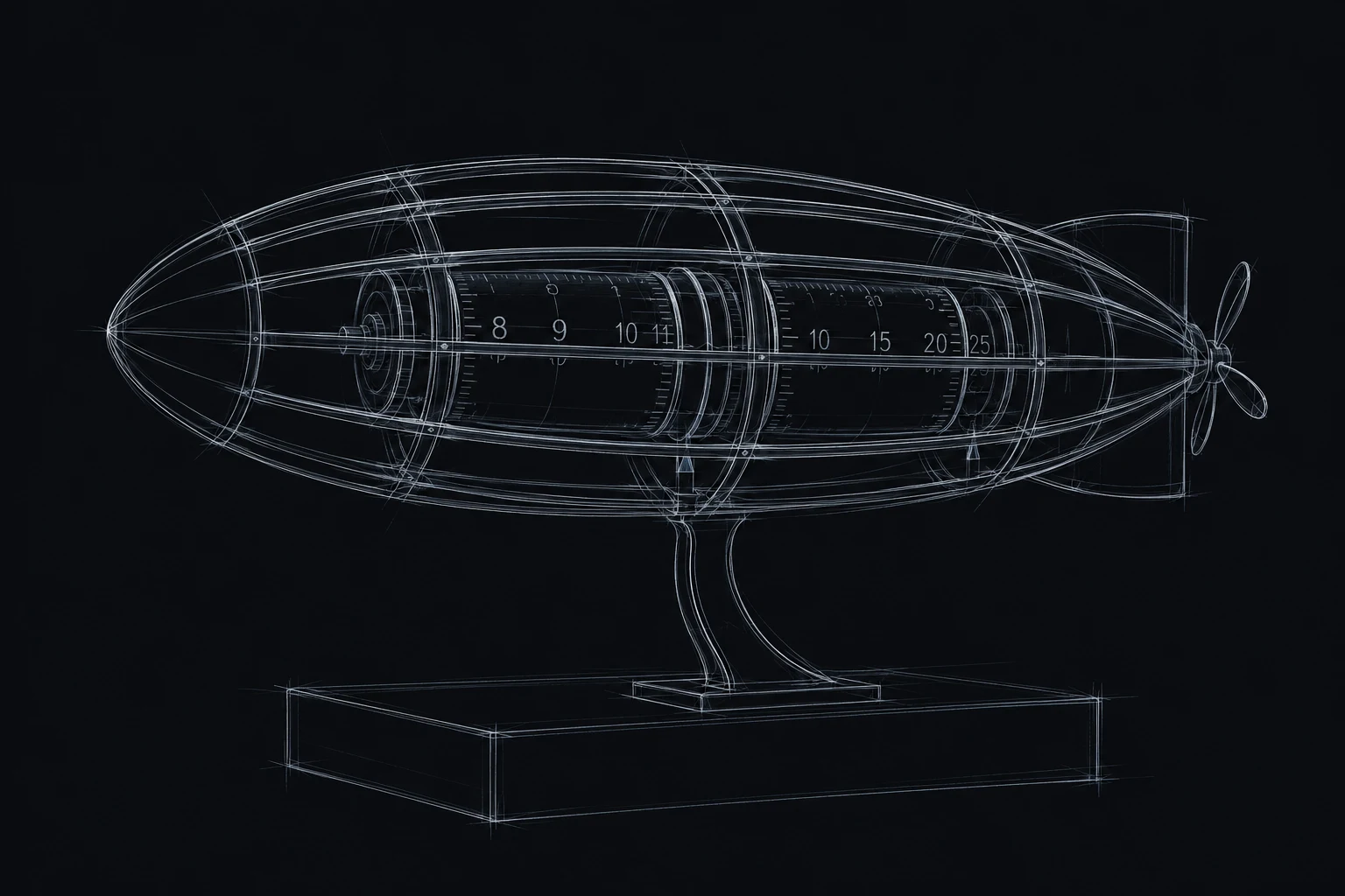 Pale blueprint lines on black trace VOYAGE’s ribbed airship silhouette, two central numbered time barrels and curved display stand